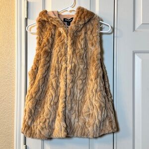 Y2K NWT Express Pink Blush Faux Fur 2 Hook Hooded Sleeveless Vest~Size XS/S